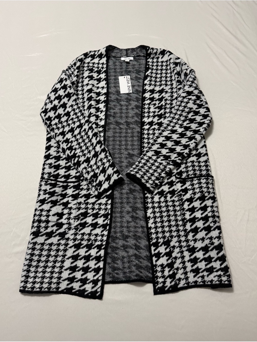Nine West Houndstooth Open Front Long Duster Cardigan Sweater Size Large - Picture 2 of 5